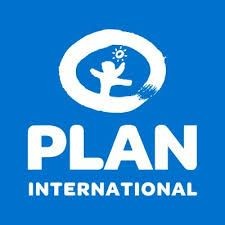 Logo of Plan International with a blue background and white text and symbol.