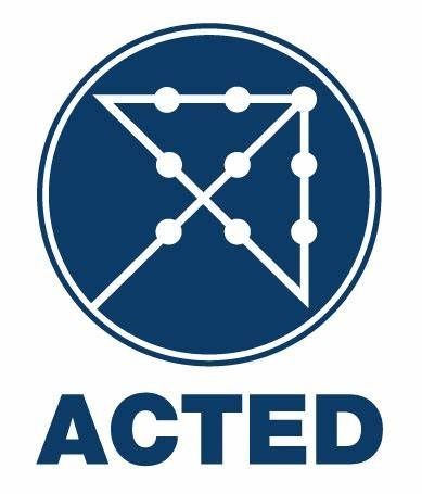 ACTED logo with blue circle and geometric line design.