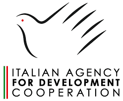 Logo of the Italian Agency for Development Cooperation featuring an abstract bird design and the agency name.