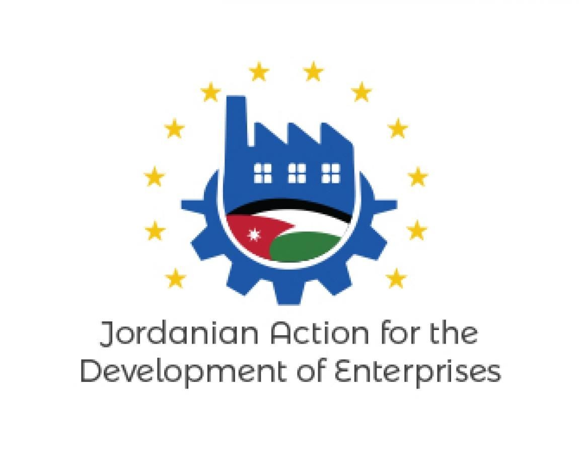 Logo of Jordanian Action for the Development of Enterprises featuring a factory and gear with star symbols.